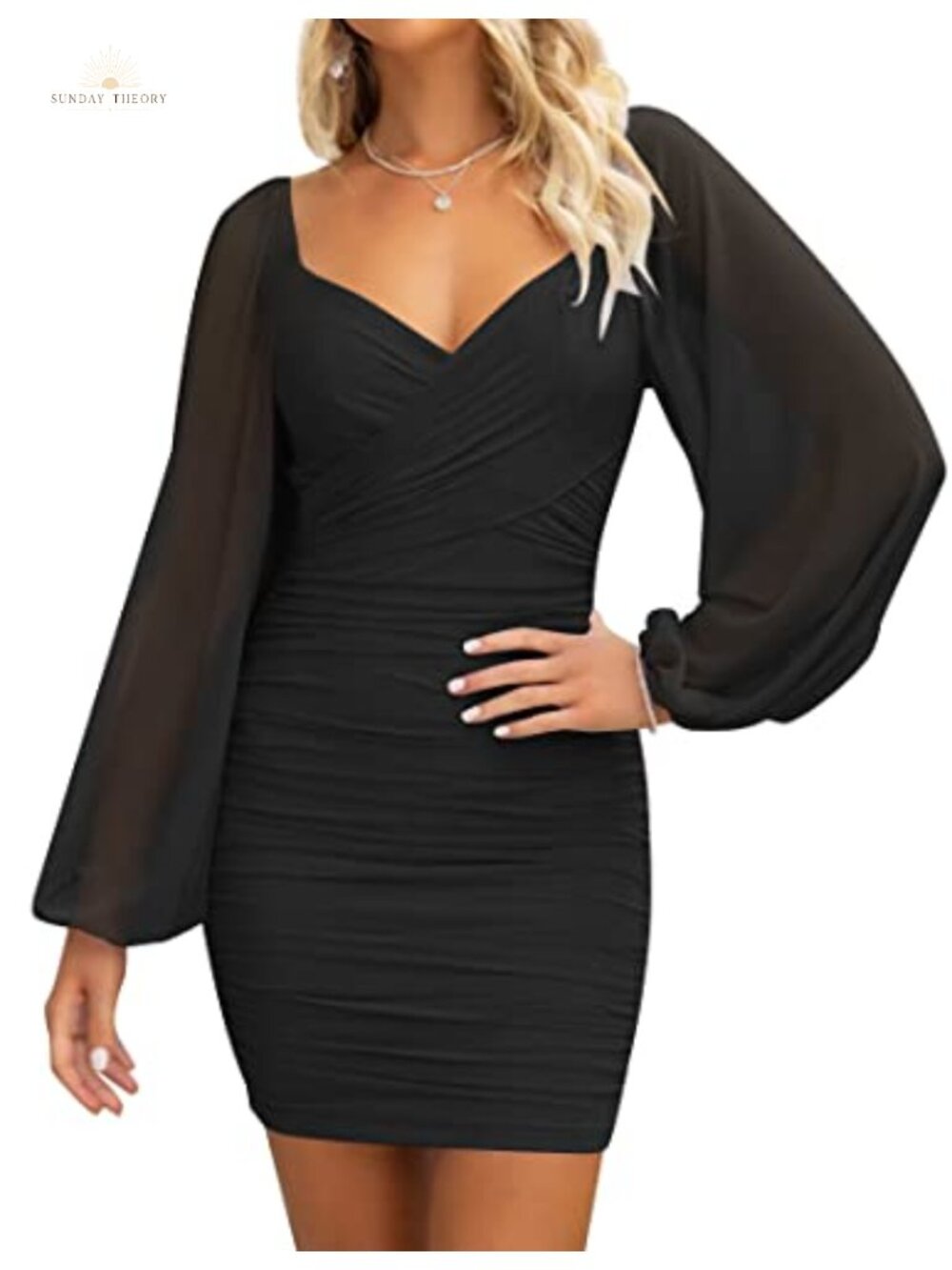 Womens Long Sleeve Bodycon Mini Dress Ruched Chiffon Cocktail Party